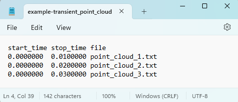 Example text file defining the main file of a Transient Point Cloud with three Static Point Clouds.