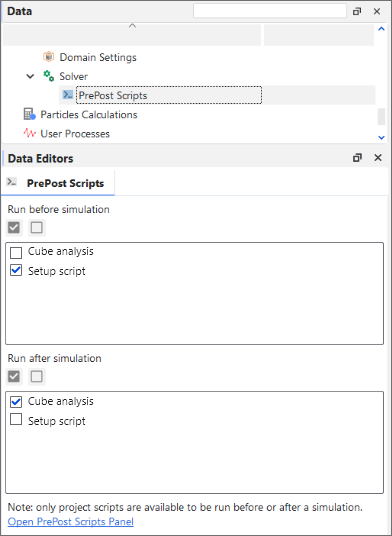Solver, PrePost Scripts sub-entity in Data Editors panel