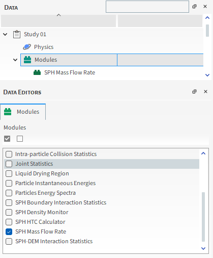 Options in the Data Editors panel when the SPH Mass Flow Rate Module is enabled