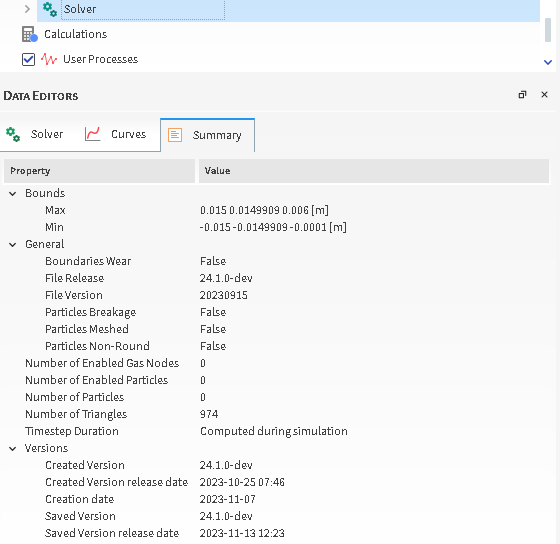 Solver, Summary tab on the Data Editors panel during or after processing
