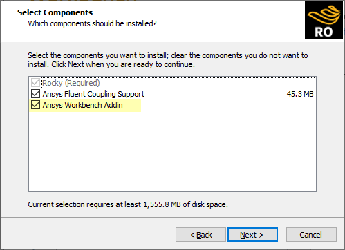 Rocky install screen showing Ansys Workbench Addin selected