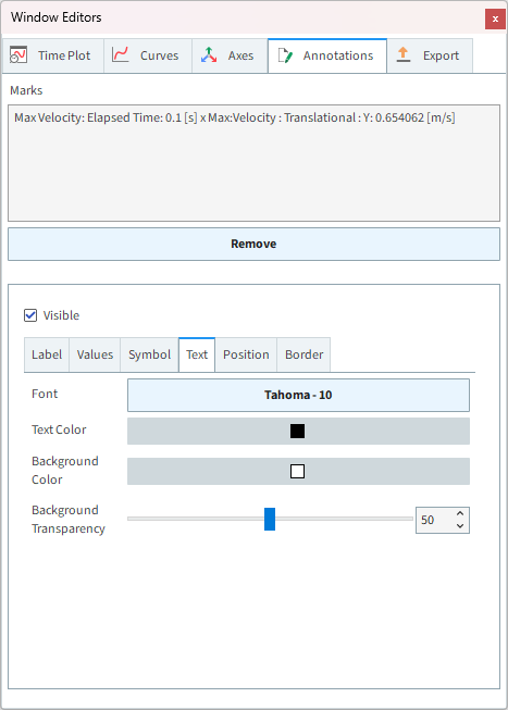 Time Plot, Annotations | Text settings in the Window Editors panel