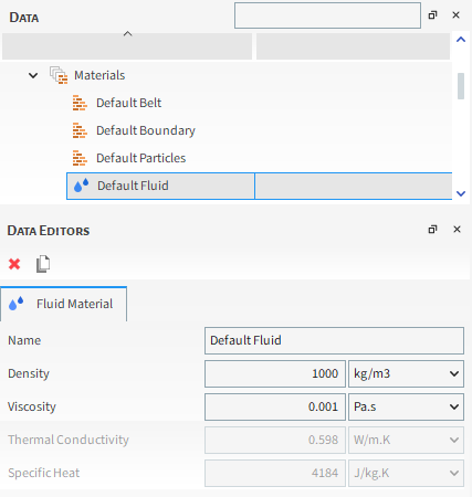 Fluid materials parameters in the Data Editors panel