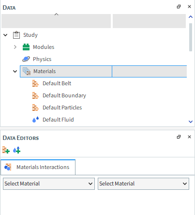 Materials parameters in the Data Editors panel