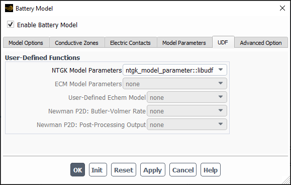 The Battery Model Dialog Box - UDF Tab