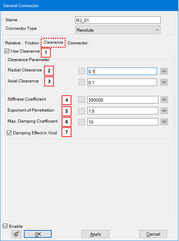 Clearance tab in the Revolute Joint property dialog