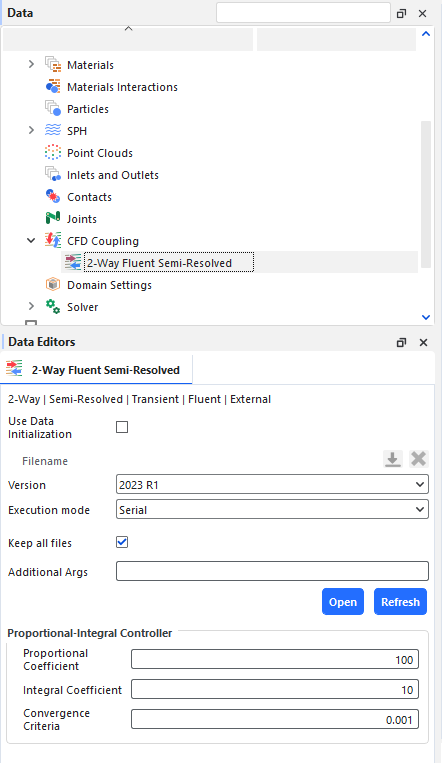 CFD Coupling, 2-Way Fluent Semi-Resolved in the Data Editors panel