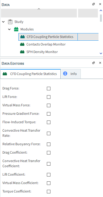 Options in the Data Editors panel when the CFD Coupling Particle Statistics Module is enabled