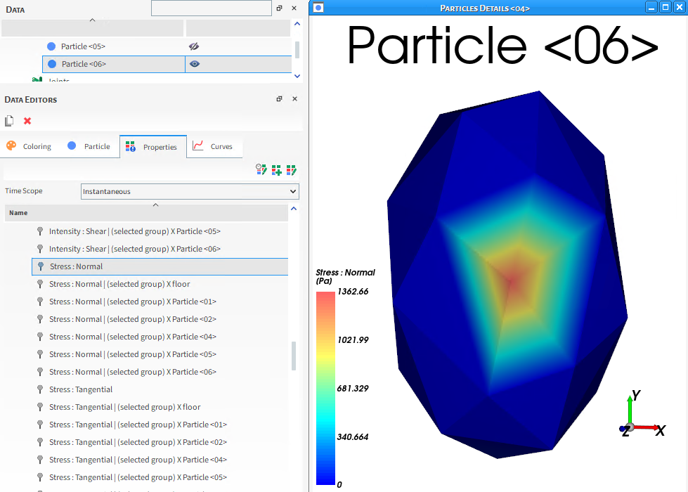 Particles Details window showing Stress Normal collision statistics for a particle set