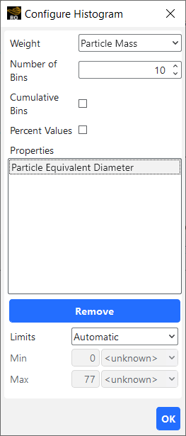 Configure Histogram dialog showing one statistic weighted by another