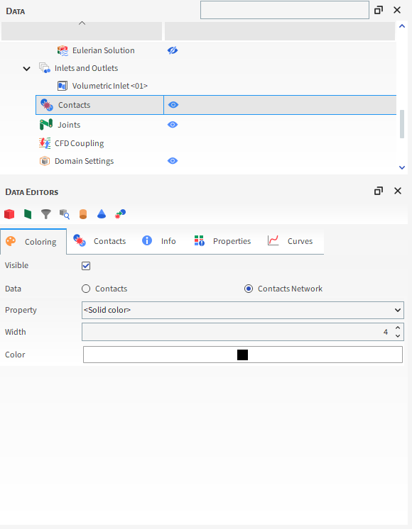 Contacts parameters on the Data Editors panel (Coloring - Contacts Network)