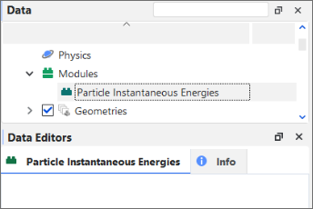 There are no options in the Data Editors panel when the Particle Instantaneous Energies Module is enabled