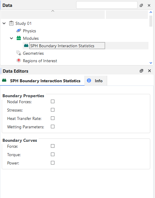 Options in the Data Editors panel when the SPH Boundary Interaction Statistics Module is enabled