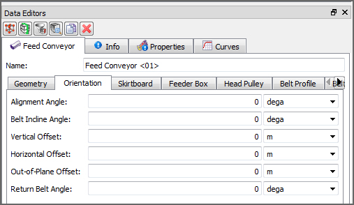 Default Feed Conveyor, Orientation parameters in the Data Editors panel