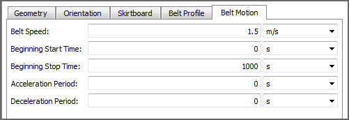 Default Receiving Conveyor, Belt Motion parameters in the Data Editors panel