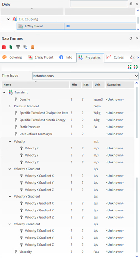 Fluent 1-Way Instantaneous, Properties options in the Data Editors panel