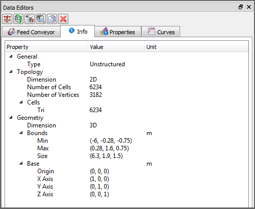 Info tab showing results for a Feed Conveyor