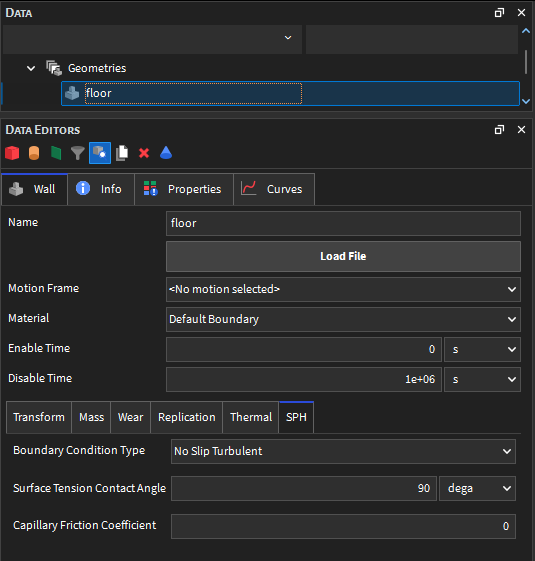 Imported wall, SPH parameters in the Data Editors panel