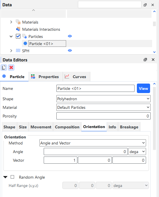 Particle, Orientation tab on the Data Editors panel