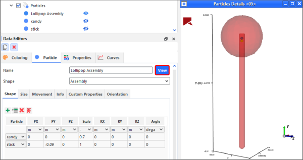 Particle, Shape tab on the Data Editors panel showing a Particles Details window