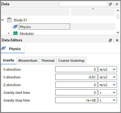 Physics, Gravity parameters in the Data Editors panel