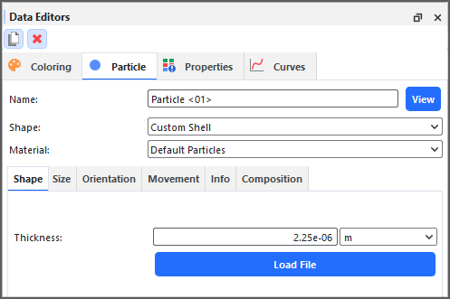 Particle, Shape tab on the data Editors panel after a Custom Shell is imported