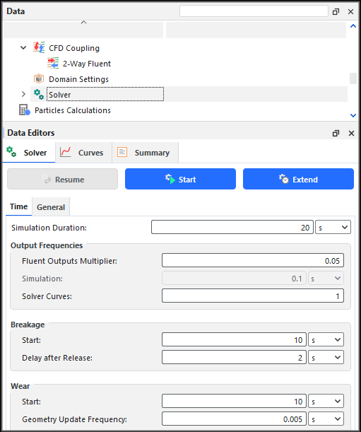 Solver | Time parameters for 2-Way Fluent CFD Coupling simulations in the Data Editors panel