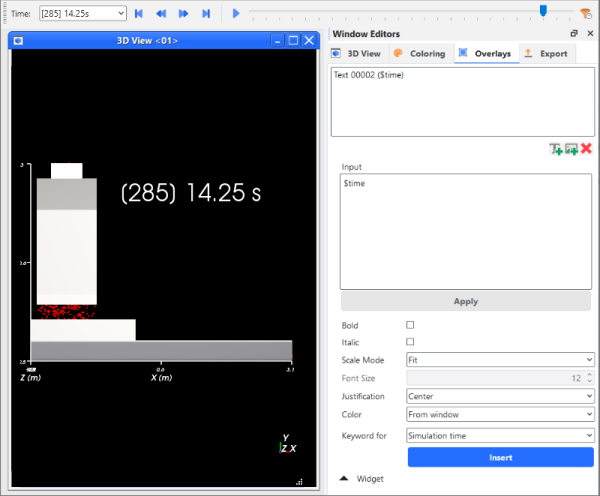 Simulation time keyword added to a 3D View as a text overlay