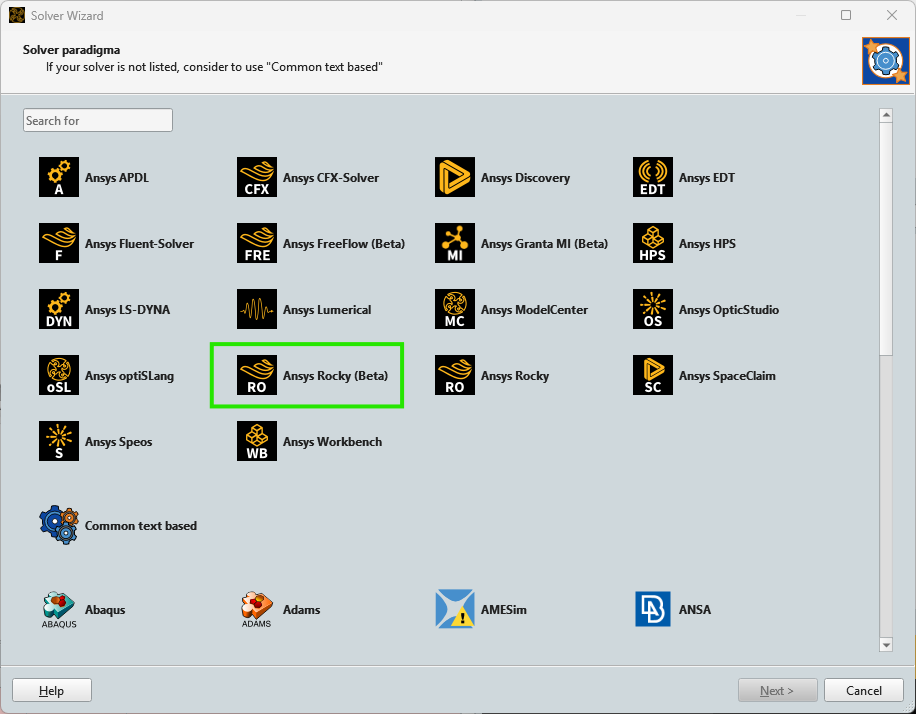Ansys Rocky (Beta) selection in Ansys optiSLang software