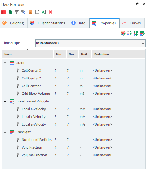 Eulerian Statistics (applied to a Cube), Properties options in the Data Editors panel