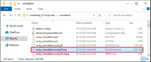 Example simulation log file location