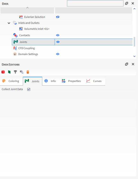 Joints parameters in the Data Editors panel (default, unsaved project)