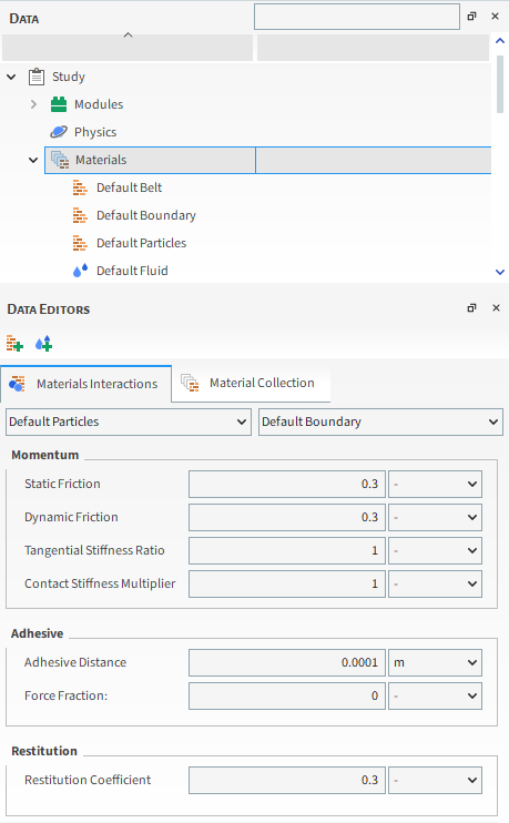 Materials Interactions parameters in the Data Editors panel for a Constant Adhesive Force