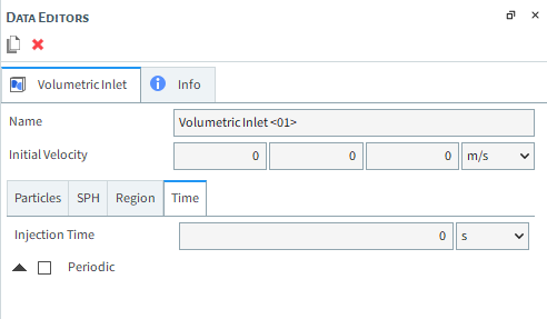 Volumetric Inlet, Time sub-tab, Data Editors panel