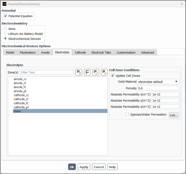 Potential/Electrochemistry Dialog Box - Electrolyte Tab