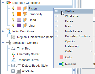Context-sensitive right-click menu in Workflow tree for visibility of Piston boundary condition
