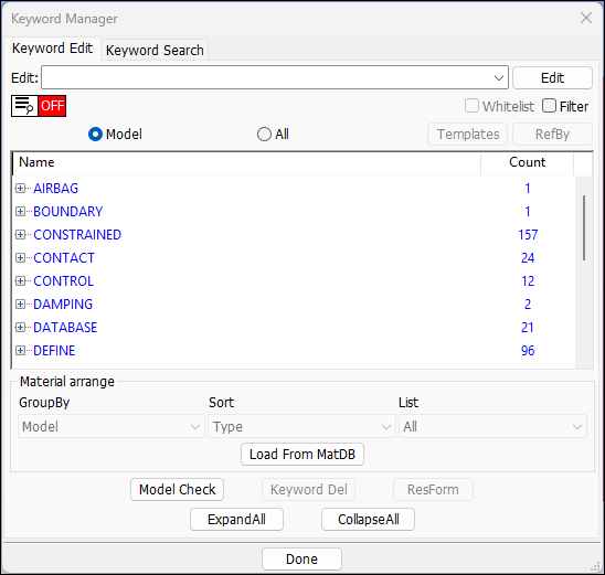 Keywords of model