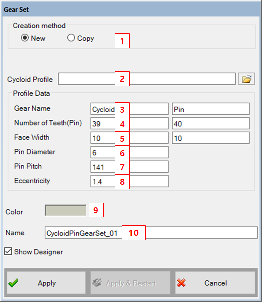 Cycloid Pin creation dialog