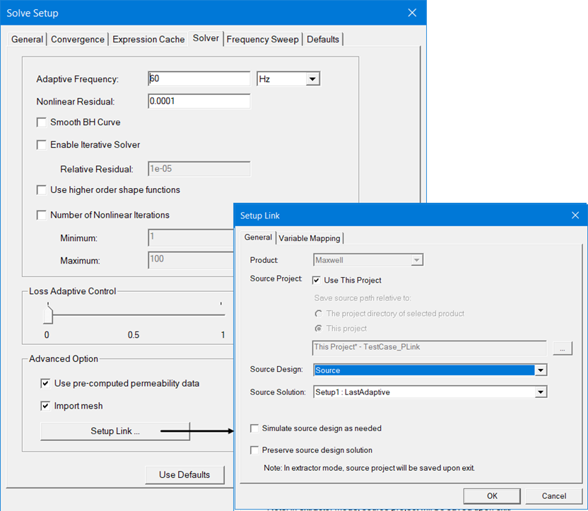 Eddy Current Solve Setup window with Set Link option active