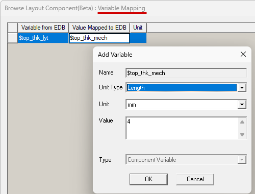 defining and mapping a variable to the source layout design