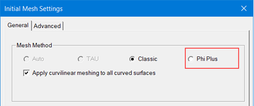 Access to Phi Plus mesher in Initial Mesh Settings dialog box