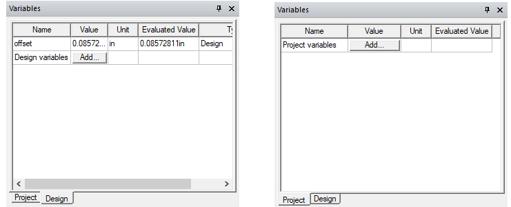 First window shows Variables window with design variables shown, the second window shows the Variables window with project variables shown.