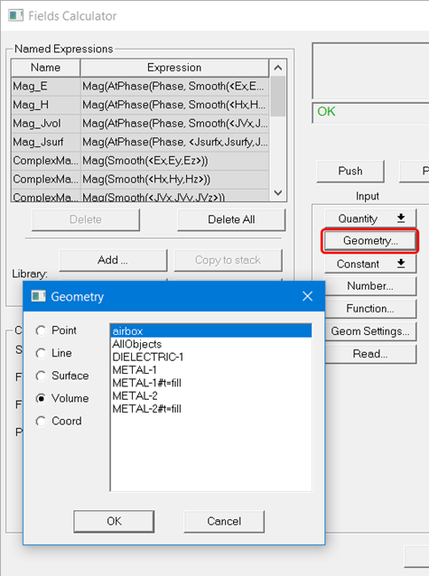 Fields Calculater dialog. Geometry subdialog.