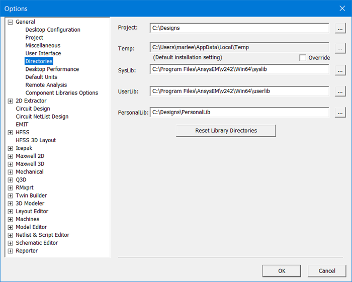 The Tools General Options Directions window.