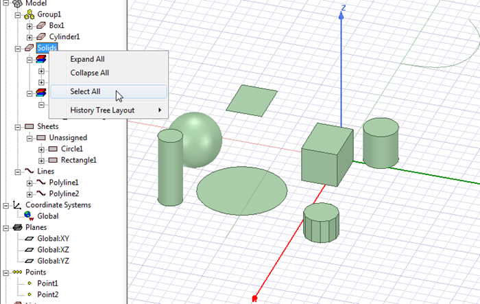 Using Solids right-click Select All entry to select entities in modeler window