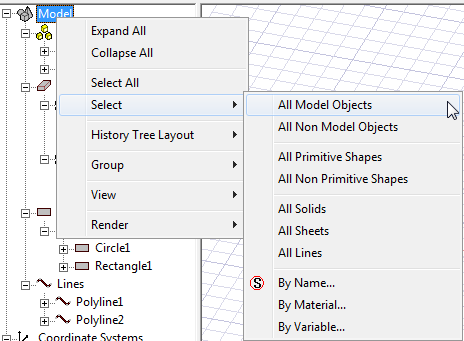 Right-click Select options for the History tree's Model entry