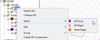 Select options for a Box; includes All Faces, All Edges, and Sheet Edges
