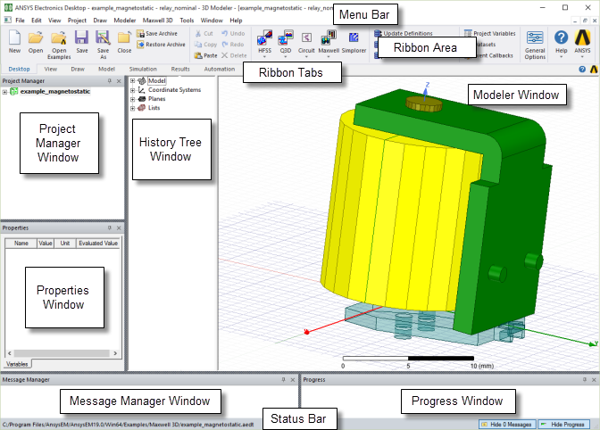 Ansys Electronics Desktop window with parts labeled