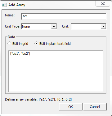 The Add Array dialog box with Edit in plain text field option selected; the data is entered in the bracketed and comma delimieted format