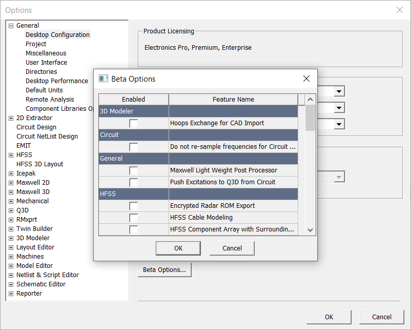 Beta Options Window